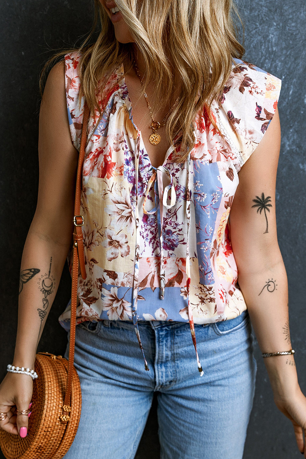 Blue Zone Planet |  Multicolour Floral Print Split V Neck Lace Trim Cap Sleeve Blouse Blue Zone Planet