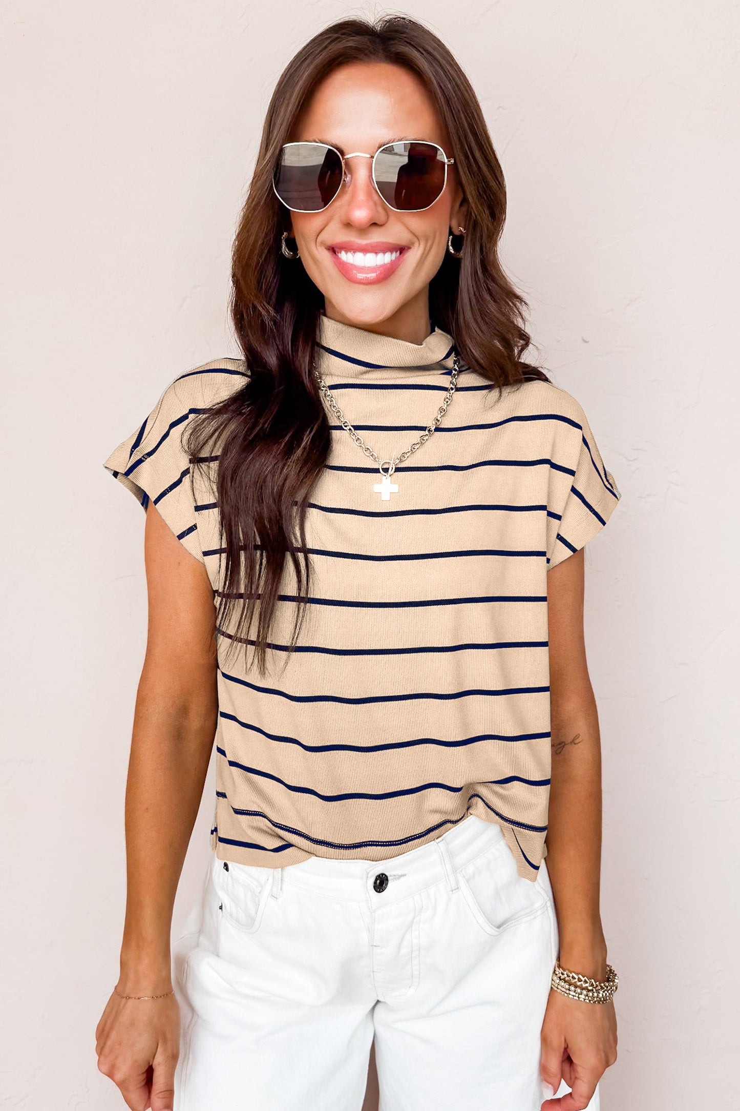 Khaki Stripe Mock Neck Short Sleeve Loose Top-Tops/Tops & Tees-[Adult]-[Female]-2022 Online Blue Zone Planet