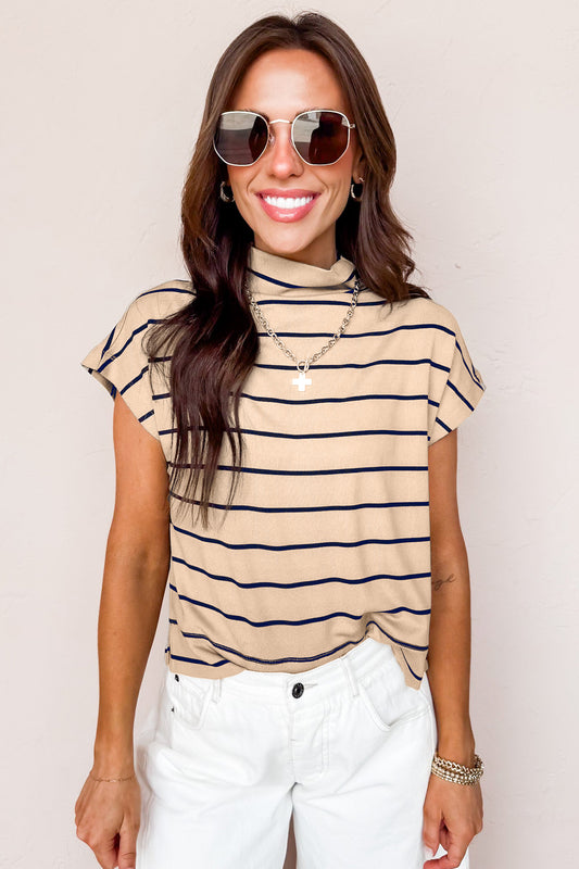 Khaki Stripe Mock Neck Short Sleeve Loose Top-Tops/Tops & Tees-[Adult]-[Female]-2022 Online Blue Zone Planet