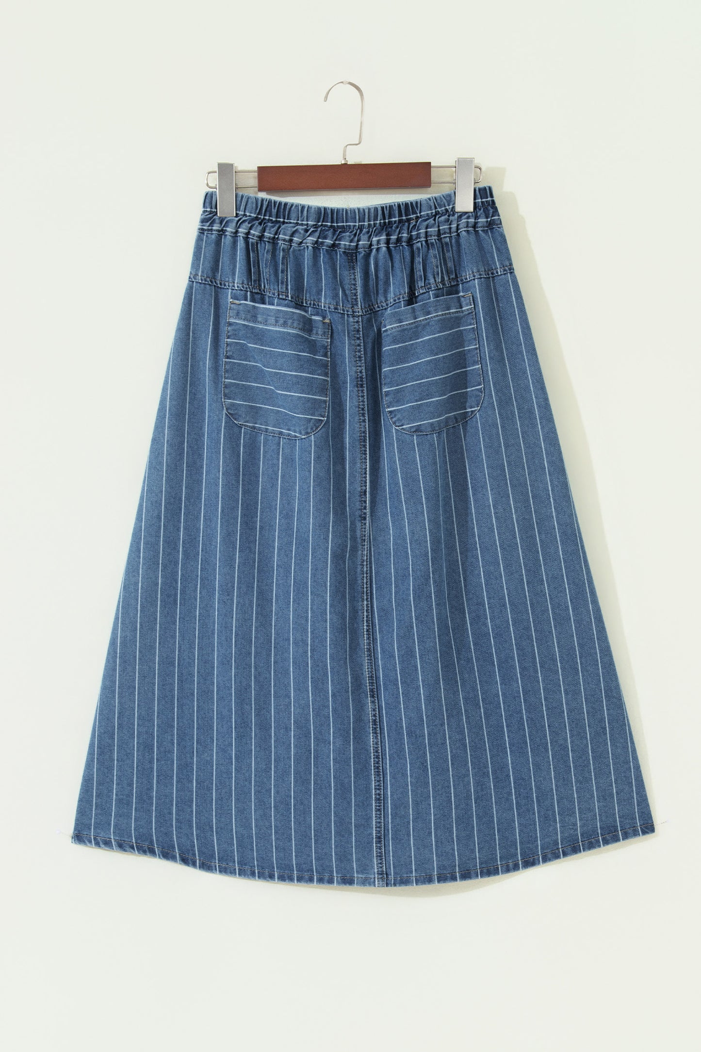 Sky Blue Stripe Button Pintuck High Waist Drawstring Denim Midi Skirt-Bottoms/Skirts & Petticoat-[Adult]-[Female]-2022 Online Blue Zone Planet