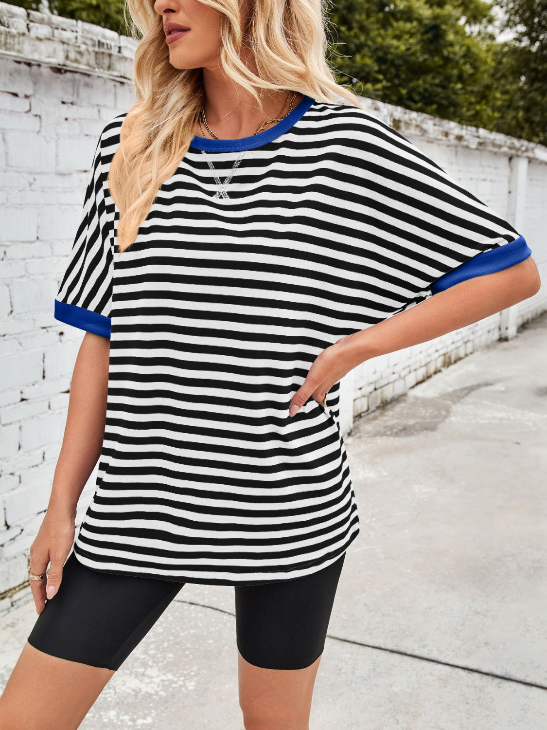 Lovelet Striped Round Neck Half Sleeve T-Shirt-TOPS / DRESSES-[Adult]-[Female]-2022 Online Blue Zone Planet