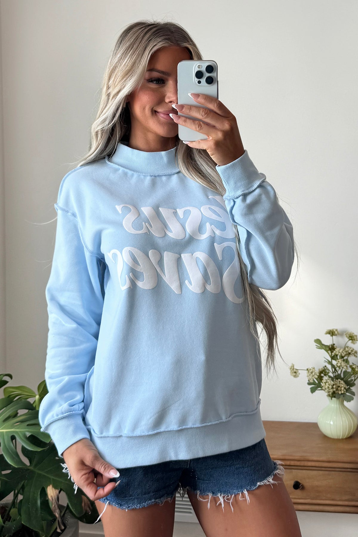 Mist Blue Jesus Saves Slogan Print Stand Neck Baggy Sweatshirt-Tops/Sweatshirts & Hoodies-[Adult]-[Female]-2022 Online Blue Zone Planet