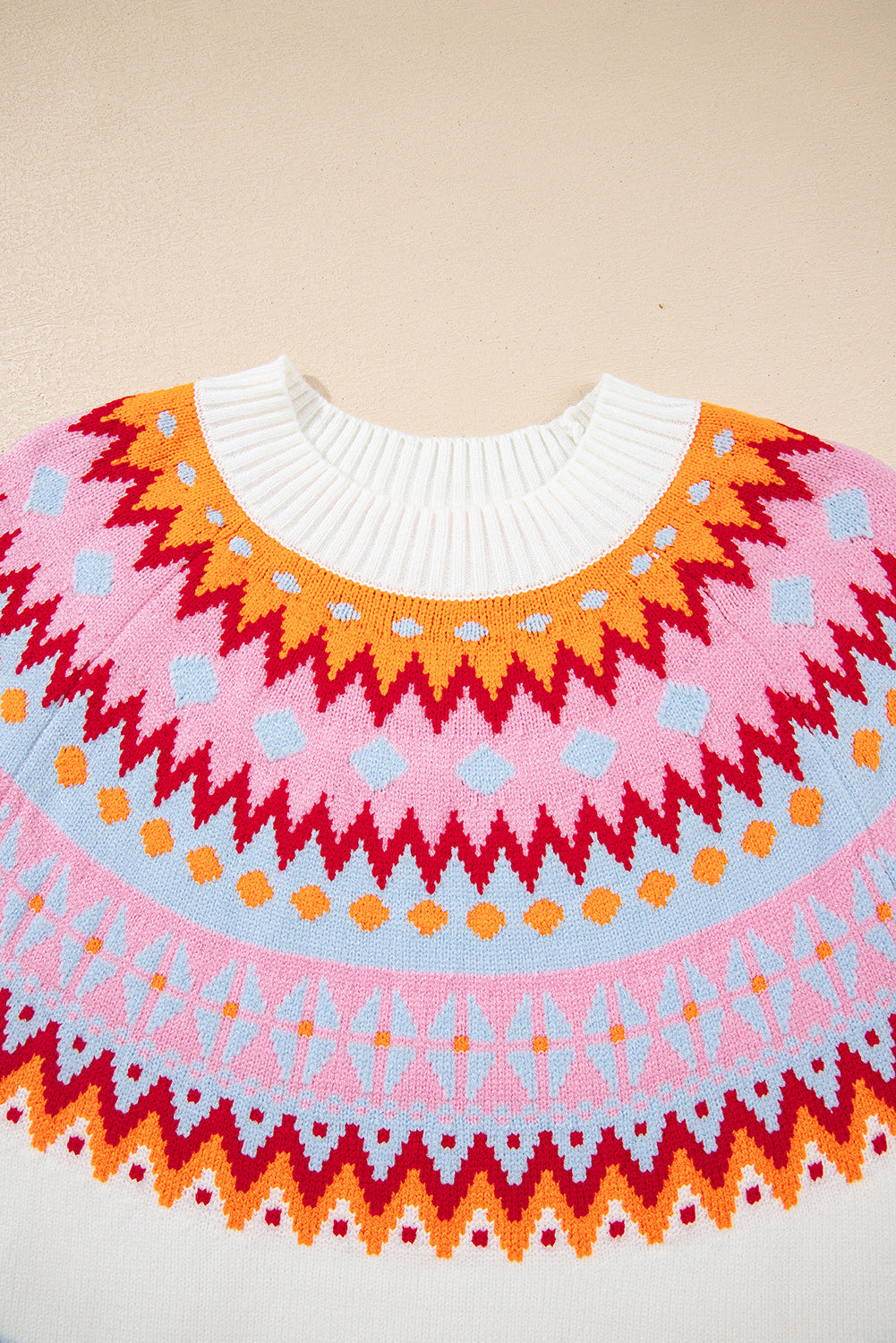White Ethnic Geometric Colorblock Print Drop Shoulder Sweater-Sweaters & Cardigans/Sweaters-[Adult]-[Female]-2022 Online Blue Zone Planet