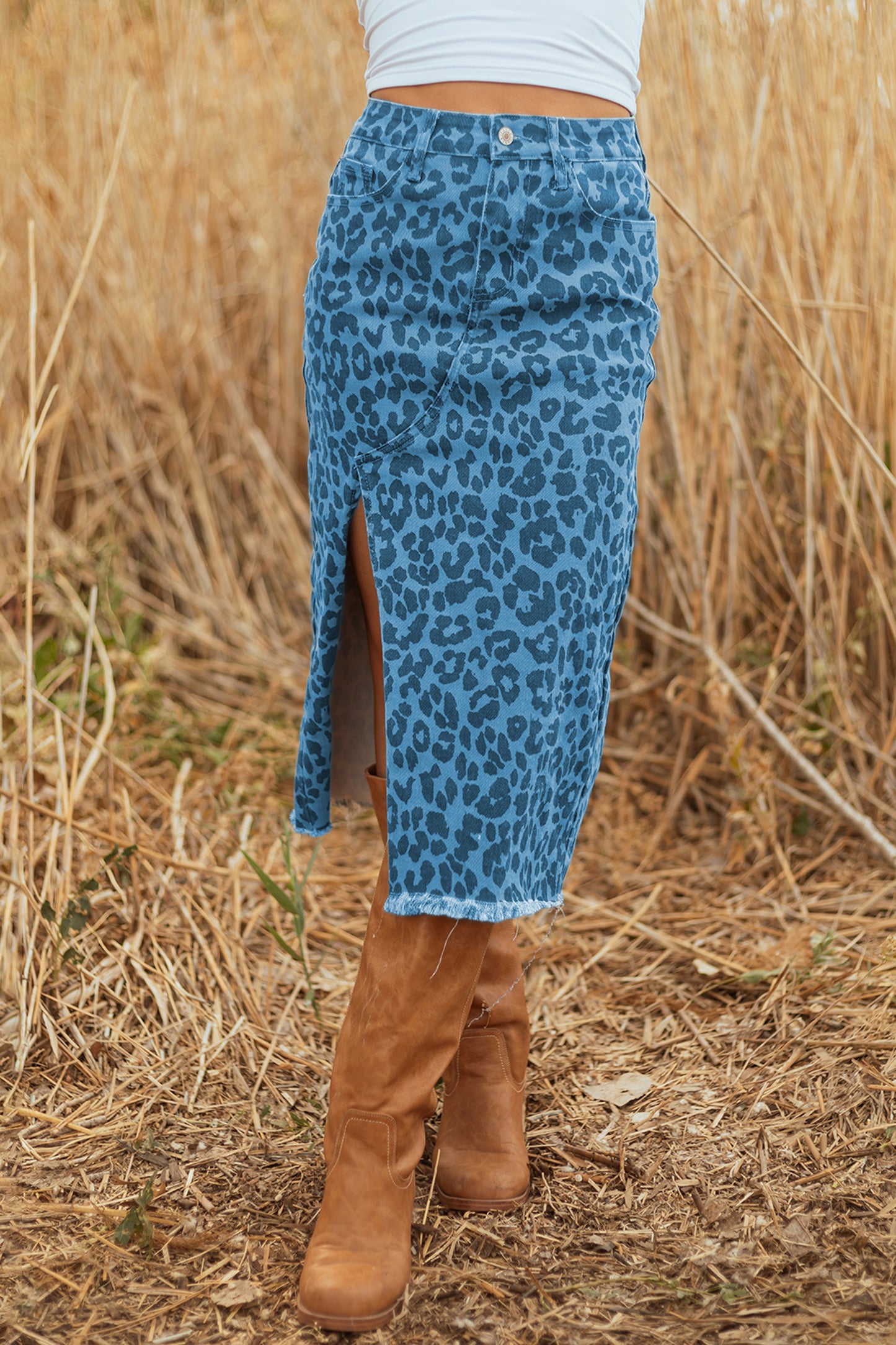 Sky Blue Leopard Denim Frayed Split Denim Midi Skirt-Bottoms/Skirts & Petticoat-[Adult]-[Female]-2022 Online Blue Zone Planet