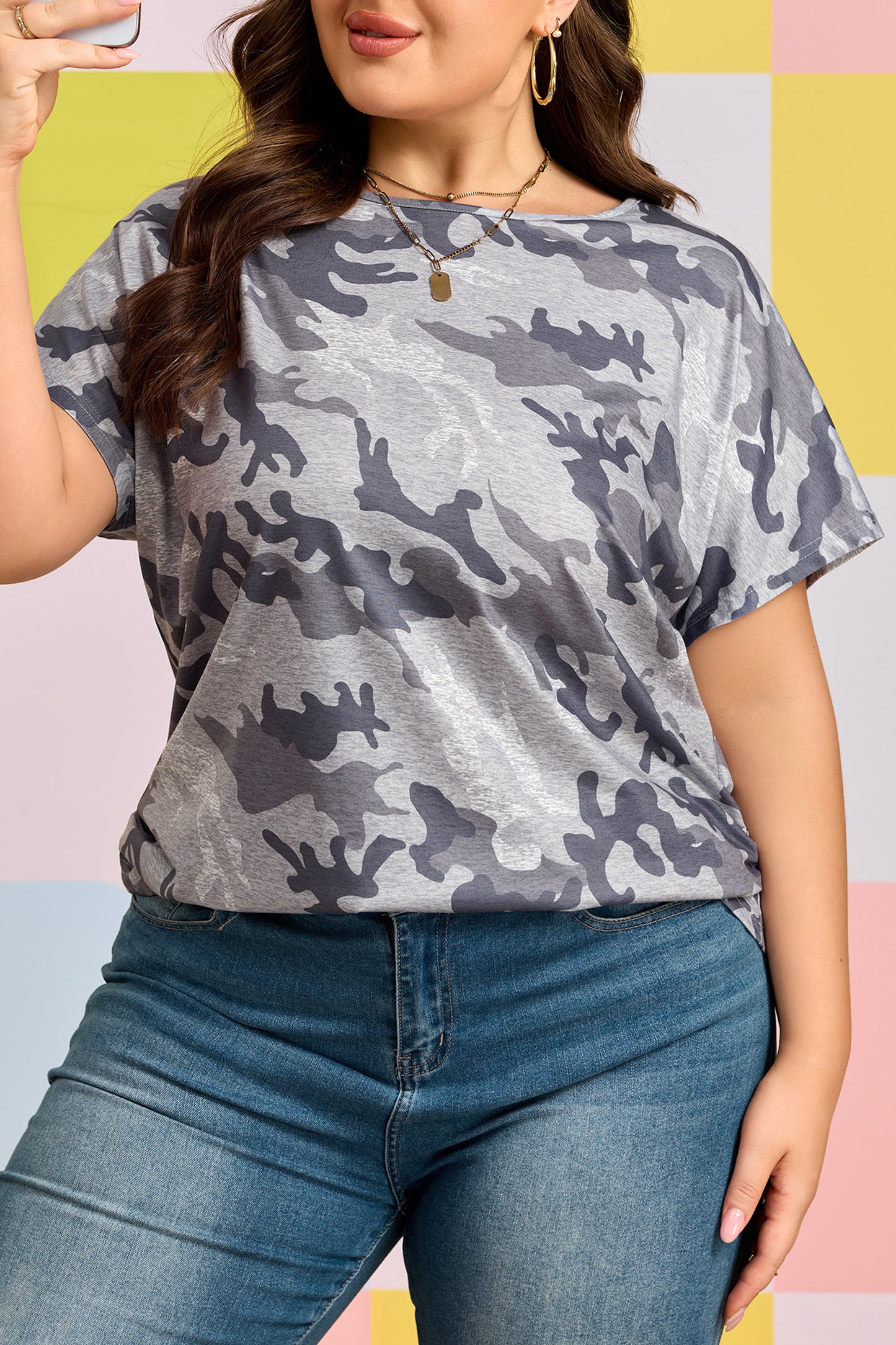 Gray Plus Size Camo Print Casual T Shirt-Plus Size/Plus Size Tops/Plus Size Tops & Tees-[Adult]-[Female]-2022 Online Blue Zone Planet
