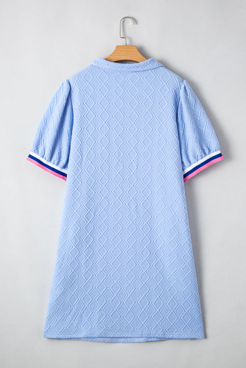 Beau Blue Contrast Striped Trim Zipped Stand Collar Textured Puff Sleeve Plus Size T Shirt Dress-TOPS / DRESSES-[Adult]-[Female]-2022 Online Blue Zone Planet