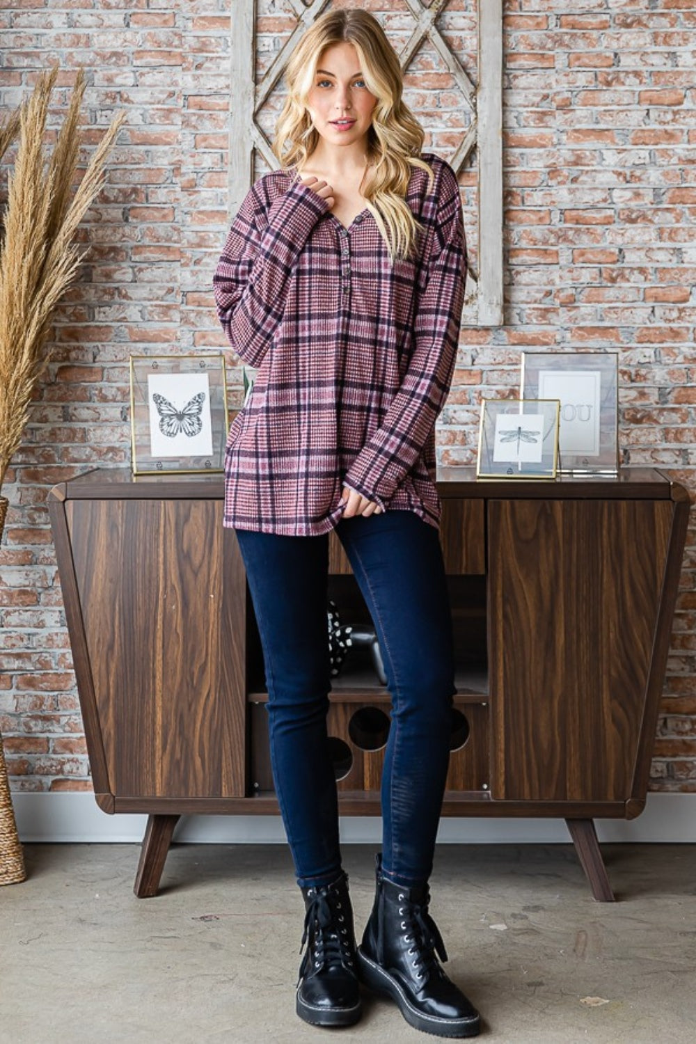 Blue Zone Planet | Heimish Full Size Plaid V-Neck Long Sleeve Top-TOPS / DRESSES-[Adult]-[Female]-2022 Online Blue Zone Planet