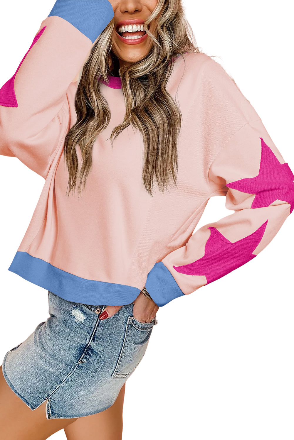 Parchment Star Patchwork Exposed Seam Oversized Sweatshirt-Sweatshirts & Hoodies-[Adult]-[Female]-2022 Online Blue Zone Planet