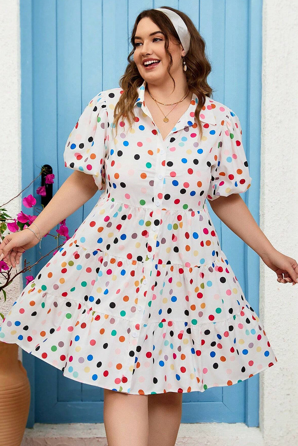 White Polka Dot Print Bubble Sleeve Button Up Plus Size Shirt Dress-Plus Size Dresses-[Adult]-[Female]-2022 Online Blue Zone Planet