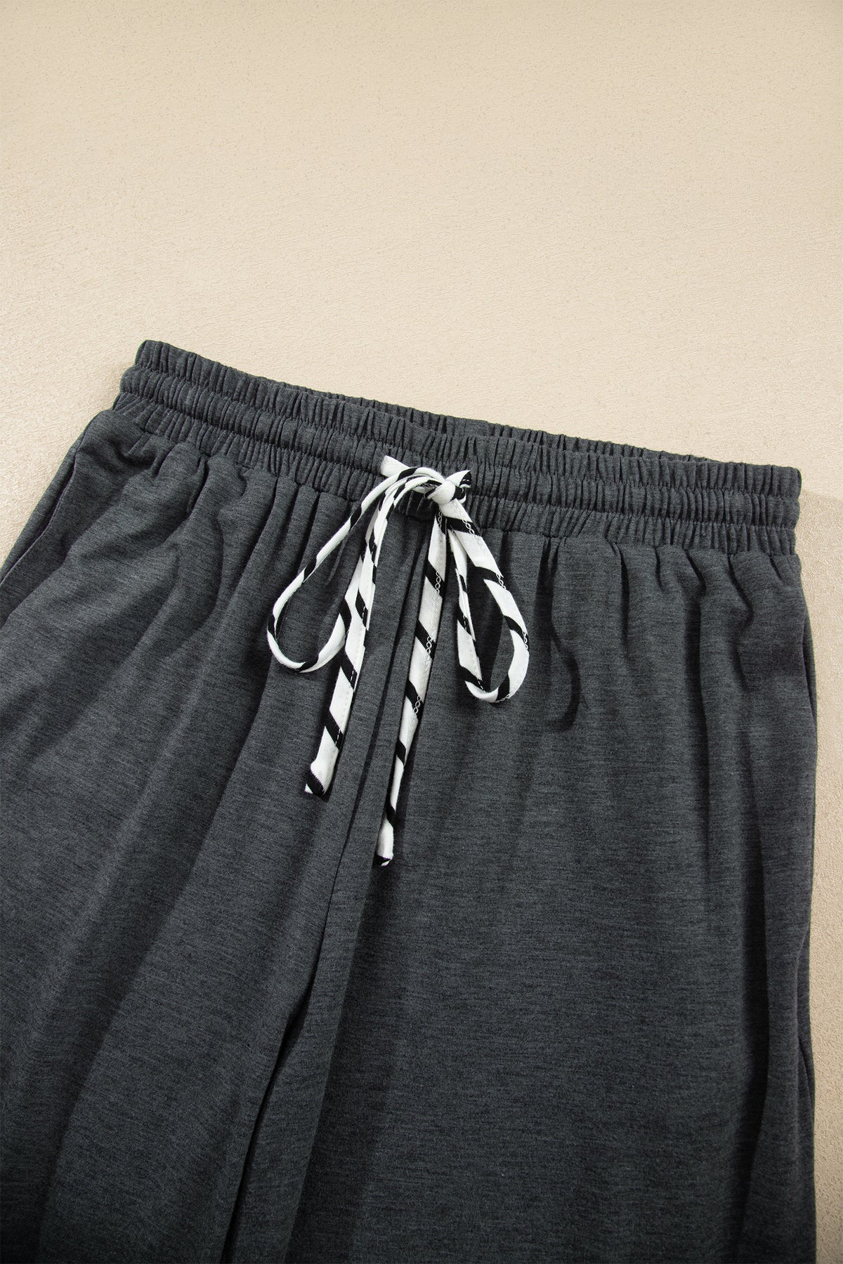 Gray Stripe V Neck Ruffle Contrast Sleeve Top Drawstring Pants 2pcs Set-Two Piece Sets/Pant Sets-[Adult]-[Female]-2022 Online Blue Zone Planet