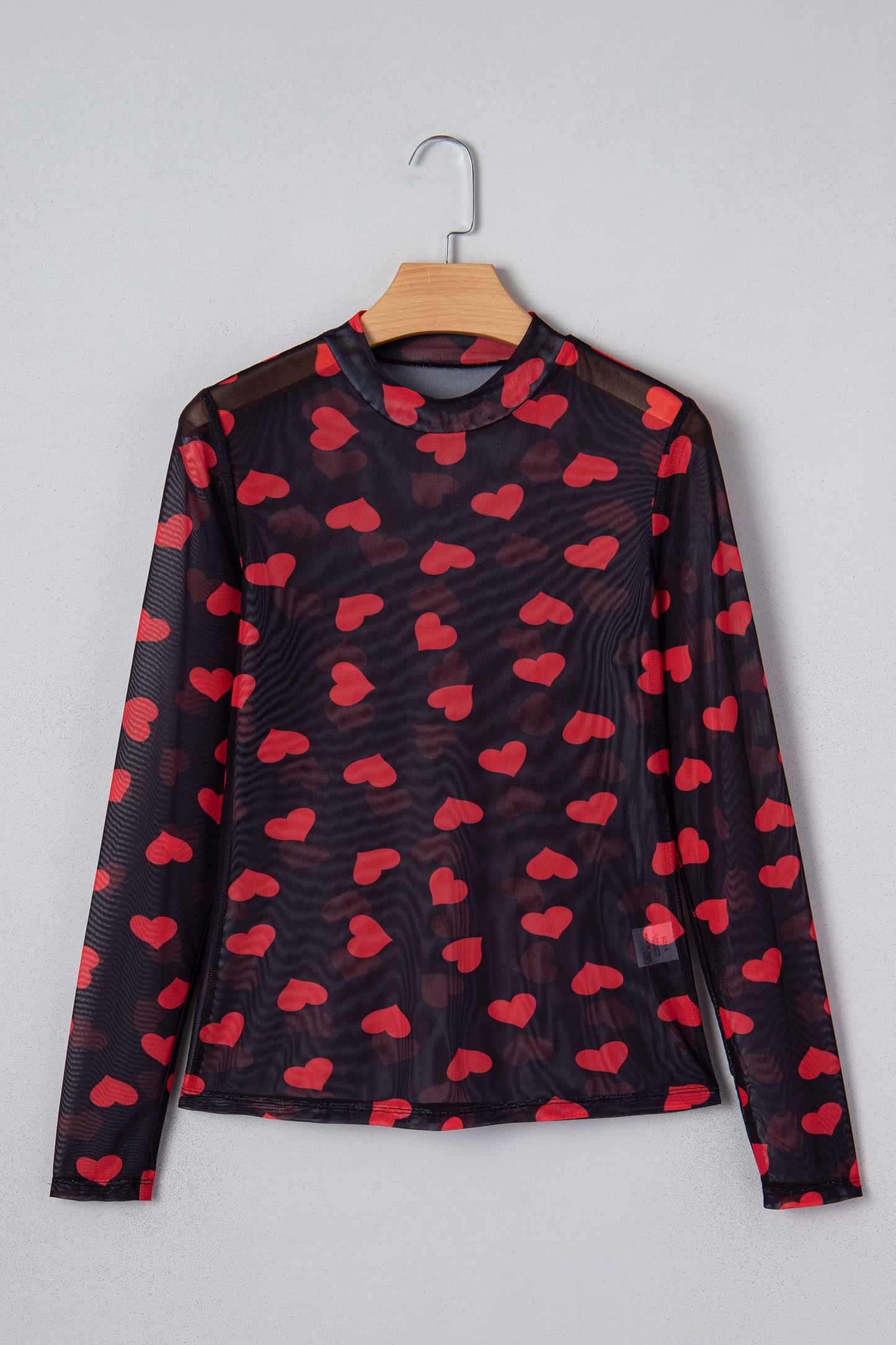 Black Valentines Heart Printed Sheer Mesh Long Sleeve Top-Tops/Long Sleeve Tops-[Adult]-[Female]-2022 Online Blue Zone Planet