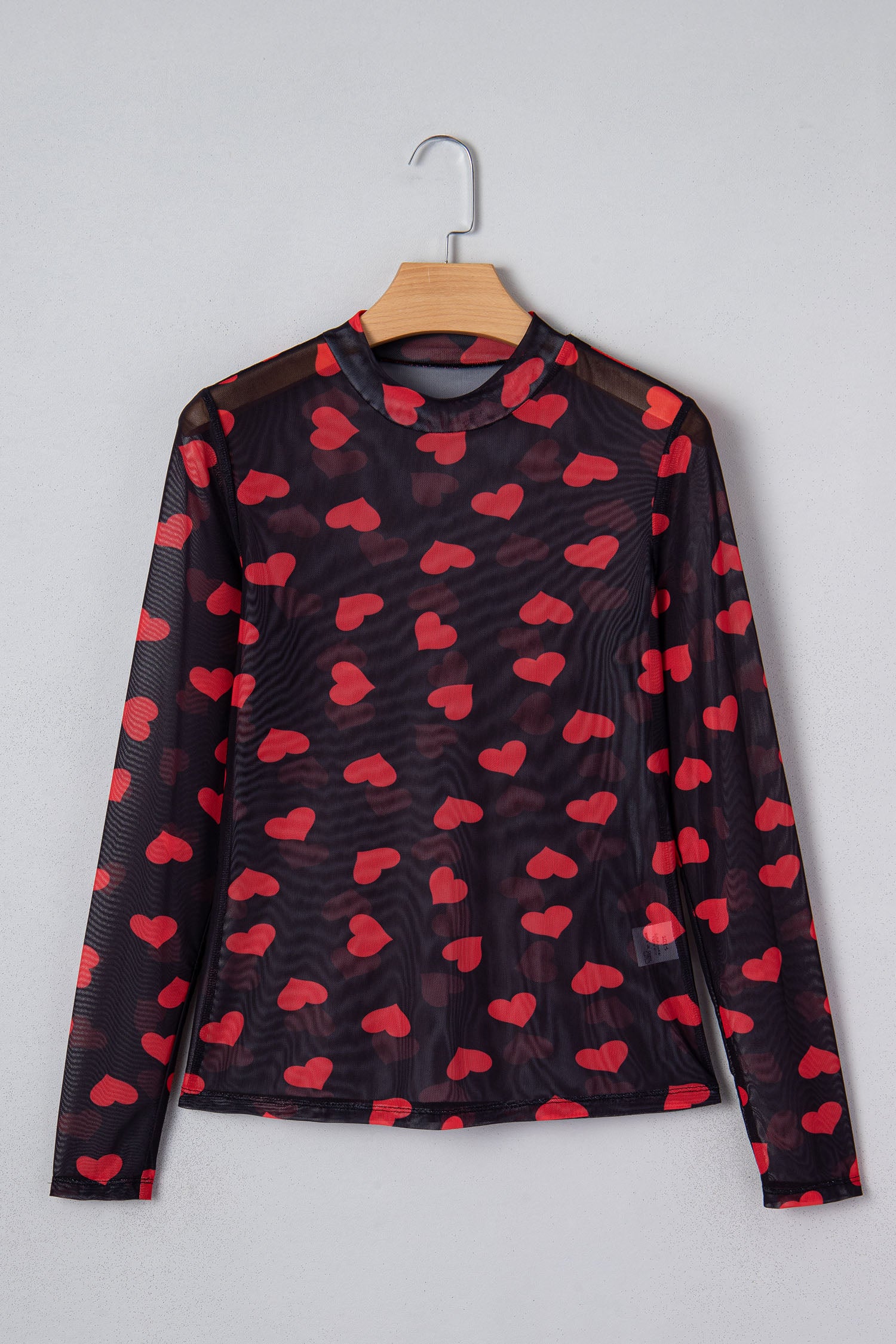 Black Valentines Heart Printed Sheer Mesh Long Sleeve Top-Tops/Long Sleeve Tops-[Adult]-[Female]-2022 Online Blue Zone Planet