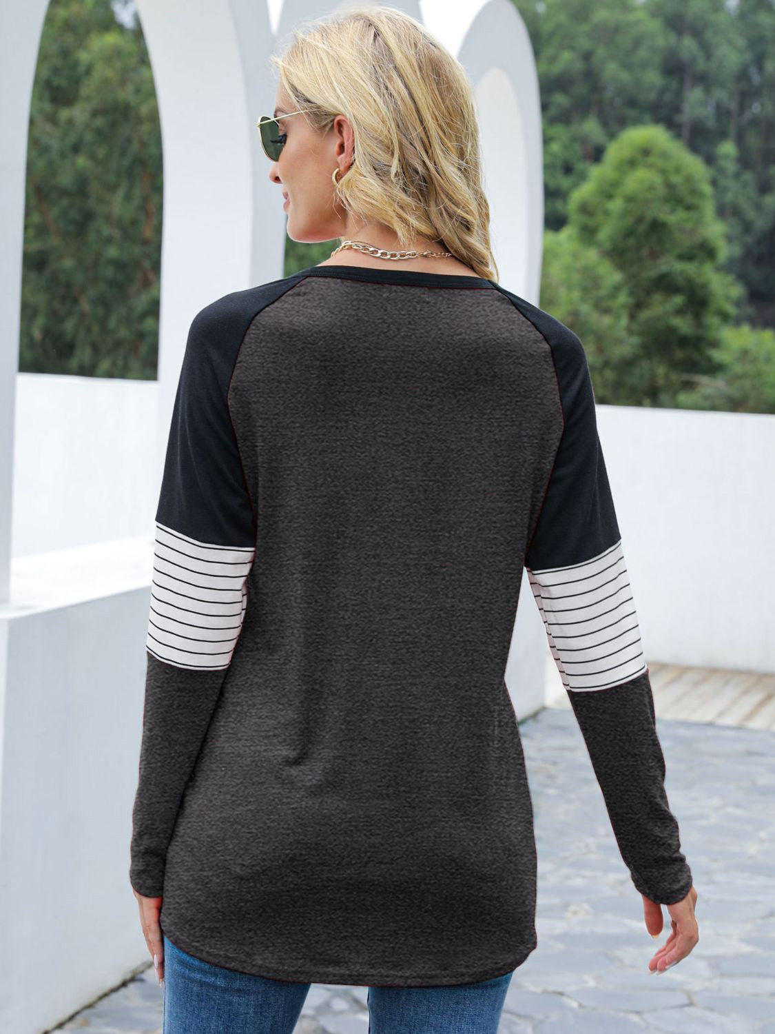 Contrast Striped Round Neck Long Sleeve T-Shirt-TOPS / DRESSES-[Adult]-[Female]-2022 Online Blue Zone Planet