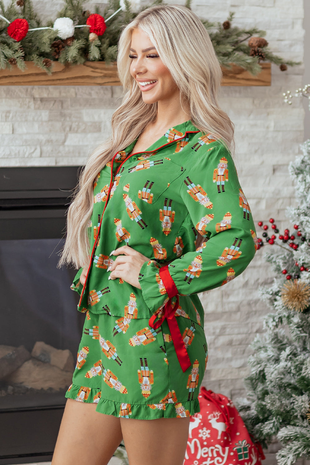 Green Christmas Candy Contrast Trim Bow Knot Silky 2pcs Pajama Set-Loungewear & Sleepwear/Sleepwear-[Adult]-[Female]-2022 Online Blue Zone Planet