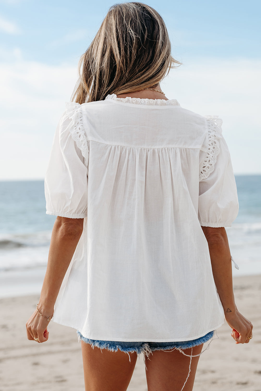 White Embroidered Lace Patchwork Tie Neck Puff Short Sleeve Blouse-Tops/Blouses & Shirts-[Adult]-[Female]-2022 Online Blue Zone Planet