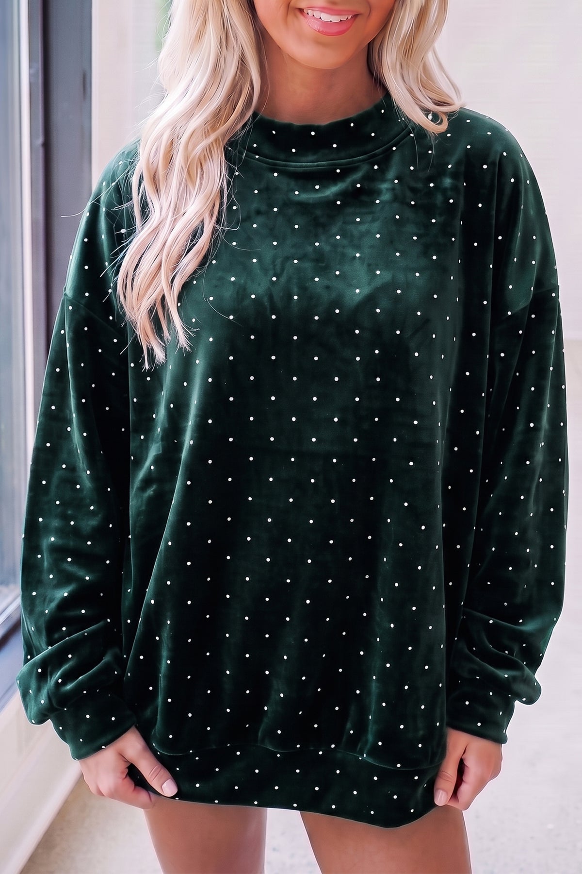 Blackish Green Velvet Polka Dot High Neck Tunic Pullover Sweatshirt-Tops/Sweatshirts & Hoodies-[Adult]-[Female]-Blackish Green-S-2022 Online Blue Zone Planet