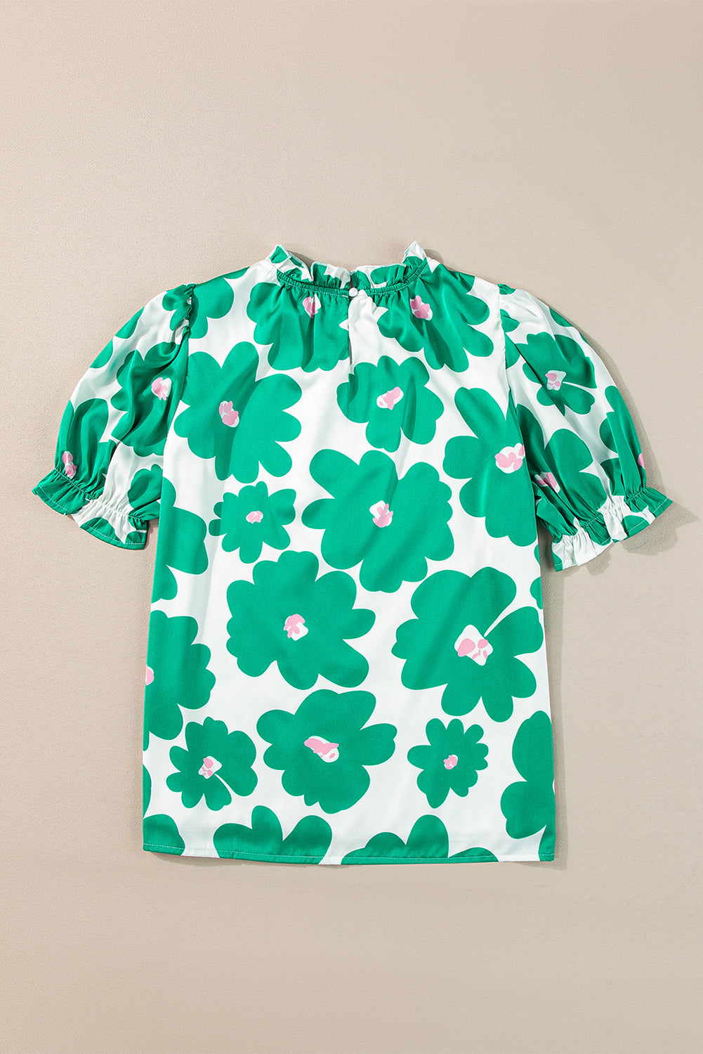 Green Floral Puff Sleeve Frill Neckline Blouse-Tops/Blouses & Shirts-[Adult]-[Female]-2022 Online Blue Zone Planet