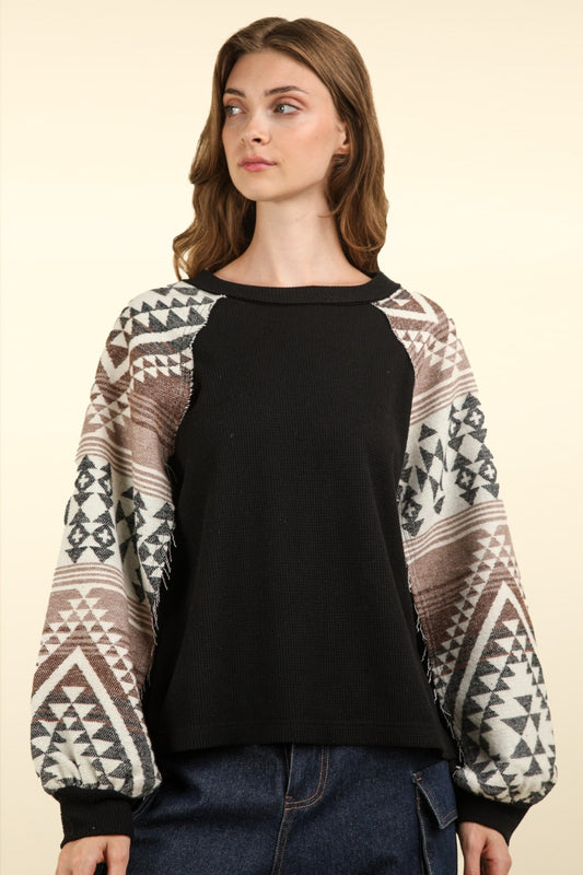 VERY J Printed Long Sleeve Round Neck Knit Top-TOPS / DRESSES-[Adult]-[Female]-Black-S-2022 Online Blue Zone Planet