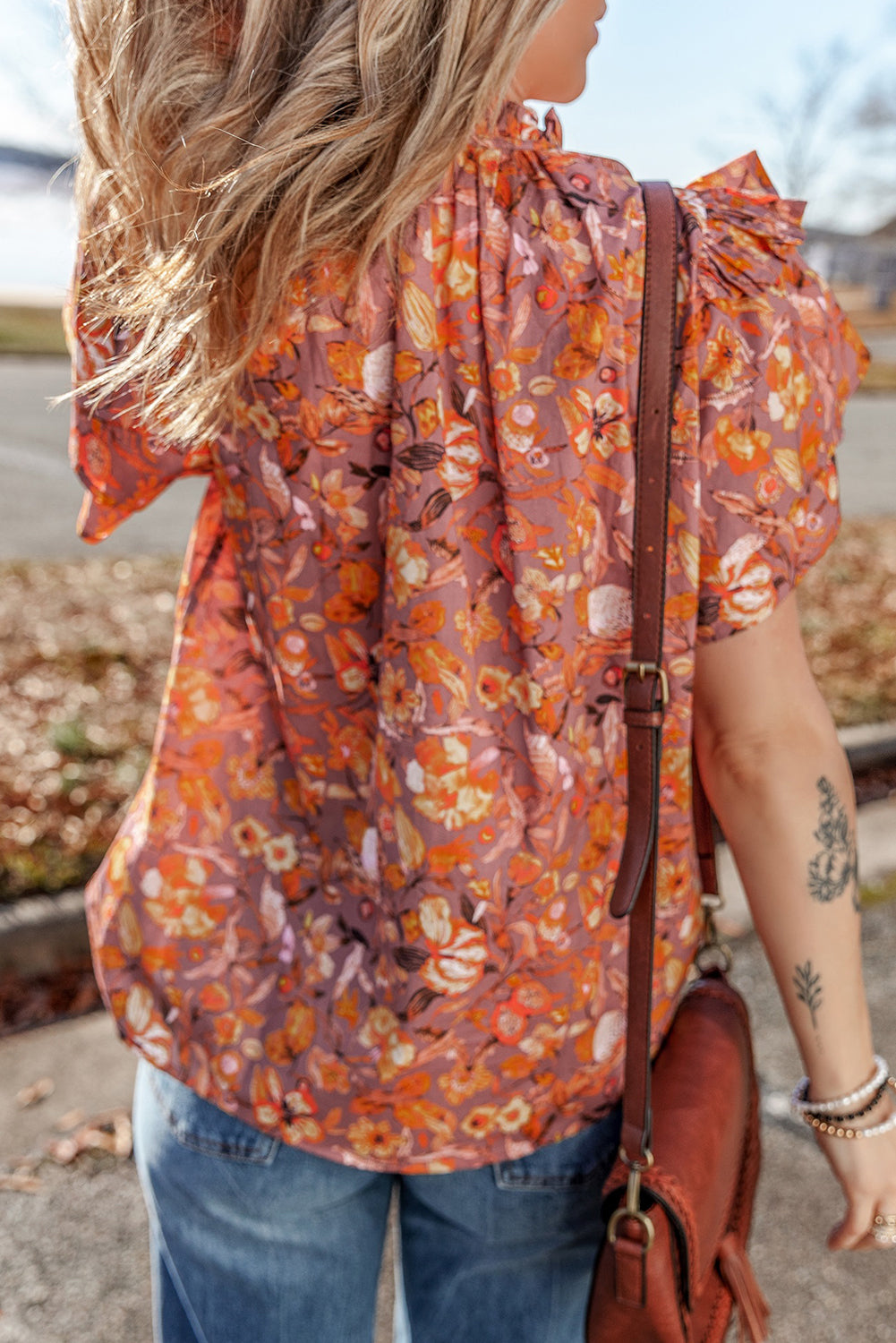 Orange Floral Print Ruffled Flutter Sleeve Frilled V Neck Blouse-Tops/Blouses & Shirts-[Adult]-[Female]-2022 Online Blue Zone Planet