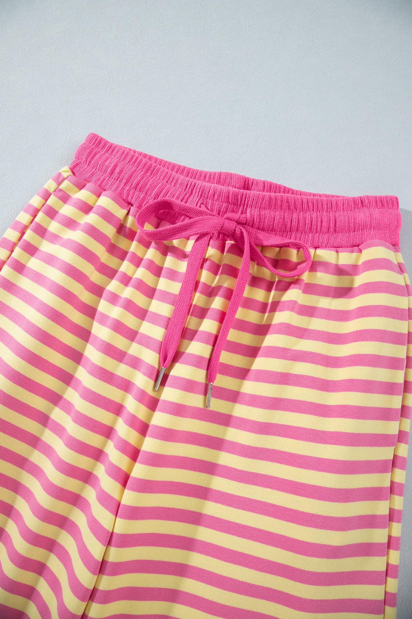 Pink Stripe Colorblock Trim Crew Neck Loose Tee Drawstring Elastic Waist 2pcs Pant Set-Two Piece Sets/Pant Sets-[Adult]-[Female]-2022 Online Blue Zone Planet
