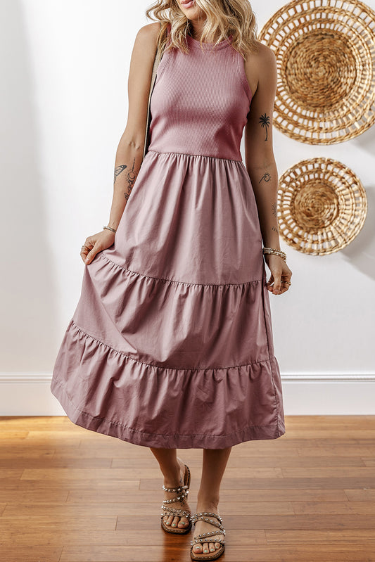 Sepia Rose Ribbed Vest Patchwork Tiered Midi Dress with Pockets-TOPS / DRESSES-[Adult]-[Female]-Sepia Rose-S-2022 Online Blue Zone Planet
