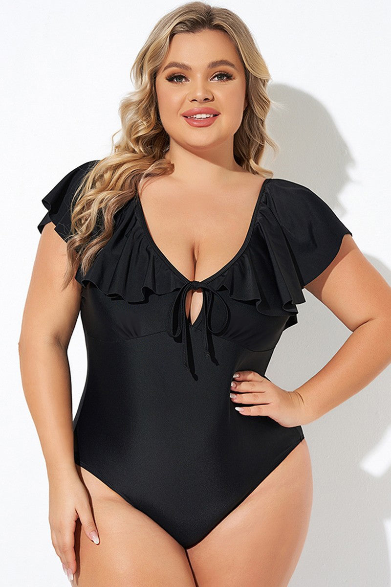 Black Ruffled Sleeve Lace-up V Neck Plus Size One Piece Swimsuit