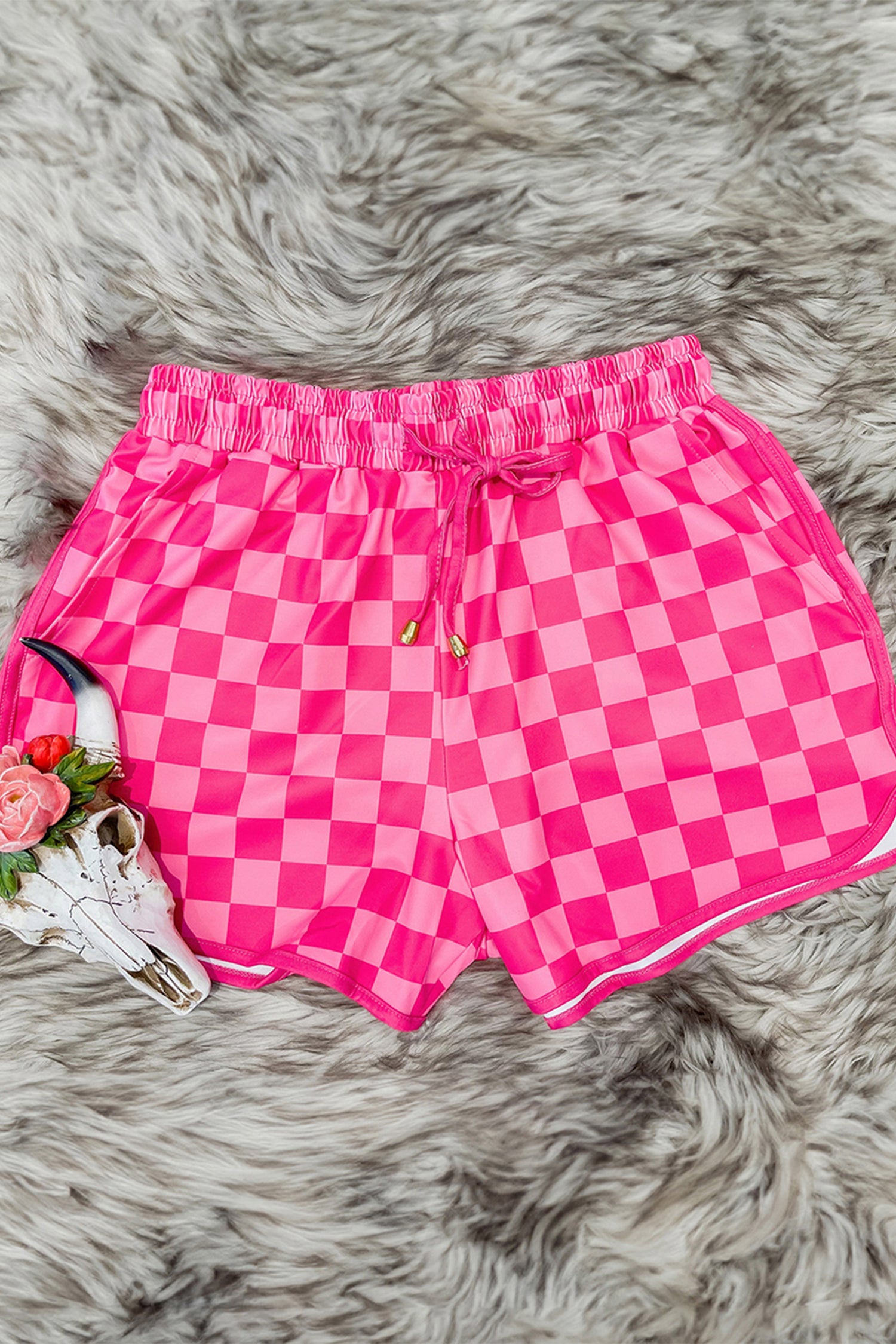 Multicolour Checkered Drawstring Elastic Waist Casual Shorts-Bottoms/Casual Shorts-[Adult]-[Female]-2022 Online Blue Zone Planet