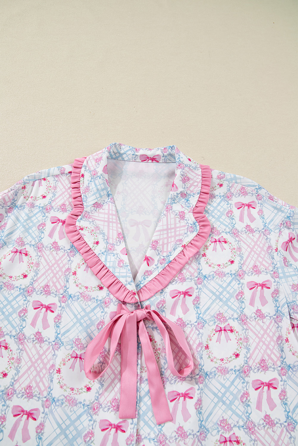 Pink Bow Wreath Pattern Christmas Holiday Tied Front Long Sleeve 2pcs Pajama Set-Loungewear & Sleepwear/Sleepwear-[Adult]-[Female]-2022 Online Blue Zone Planet