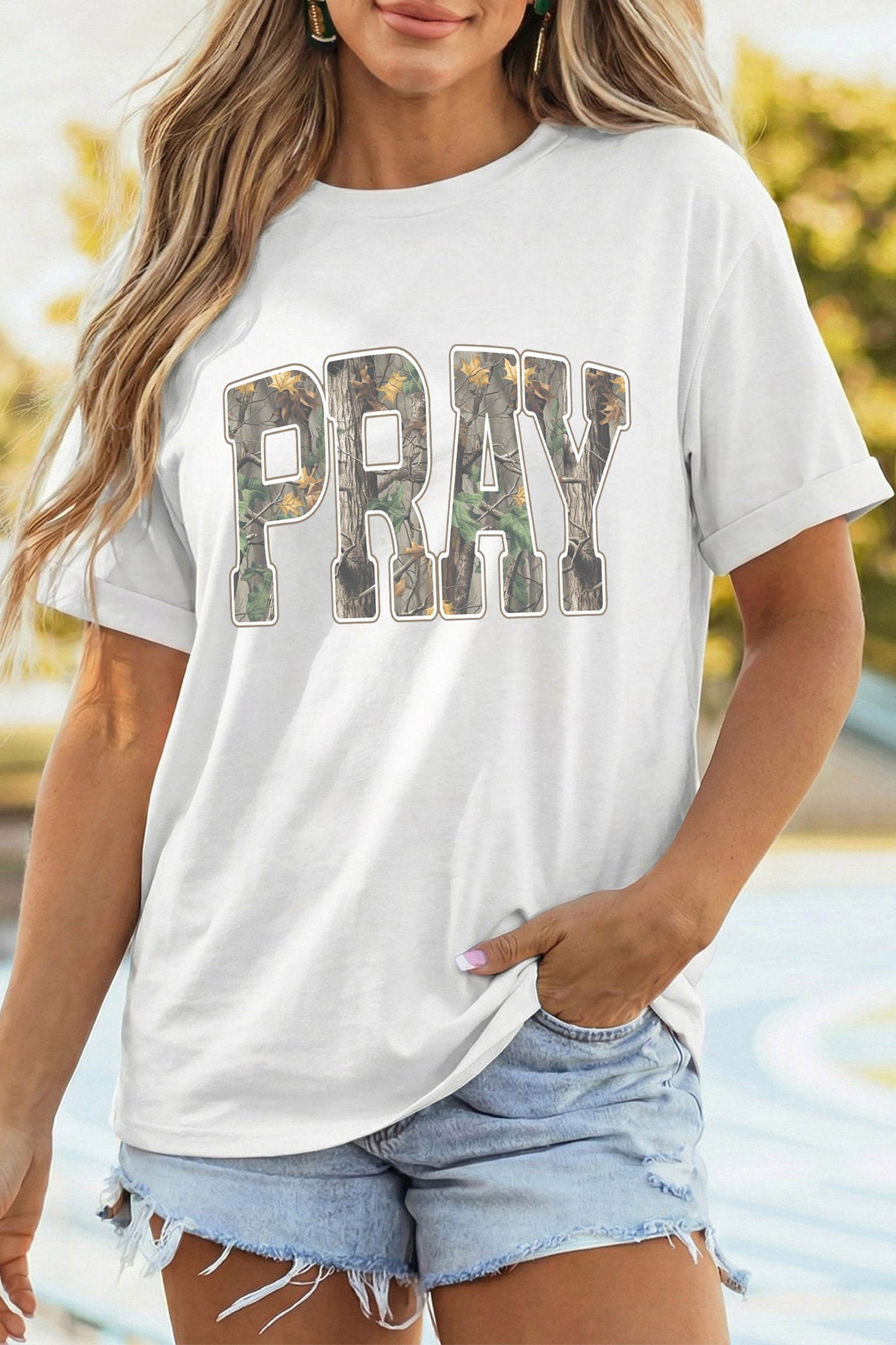 White PRAY Camo Letter Print Casual Round Neck T Shirt-Graphic/Graphic Tees-[Adult]-[Female]-2022 Online Blue Zone Planet
