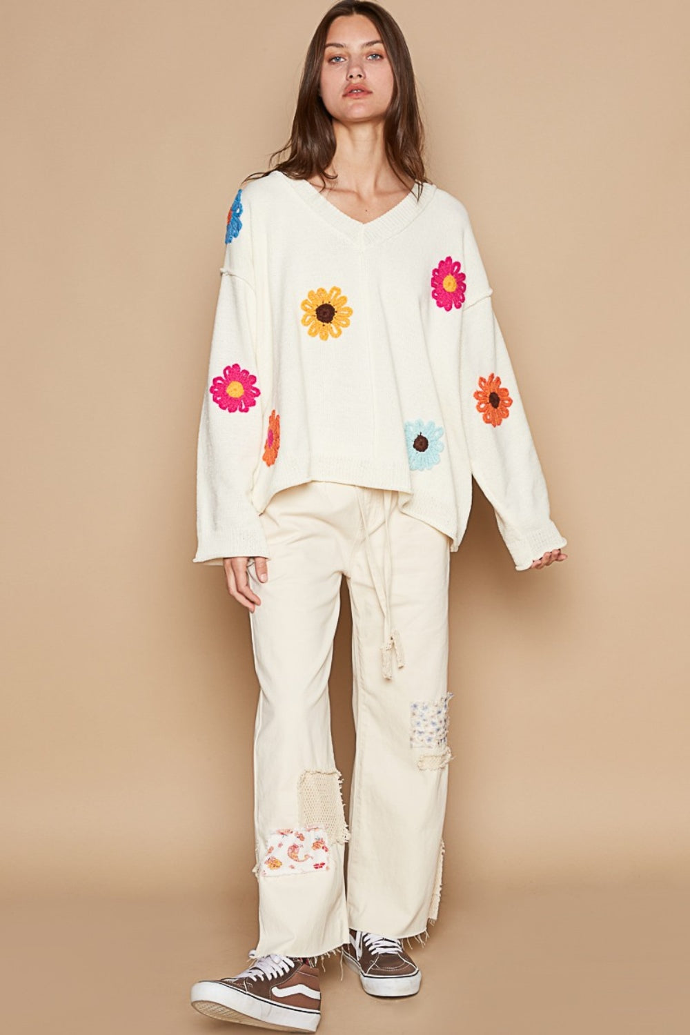 POL V-Neck Flower Patches Long Sleeve Sweater-TOPS / DRESSES-[Adult]-[Female]-2022 Online Blue Zone Planet