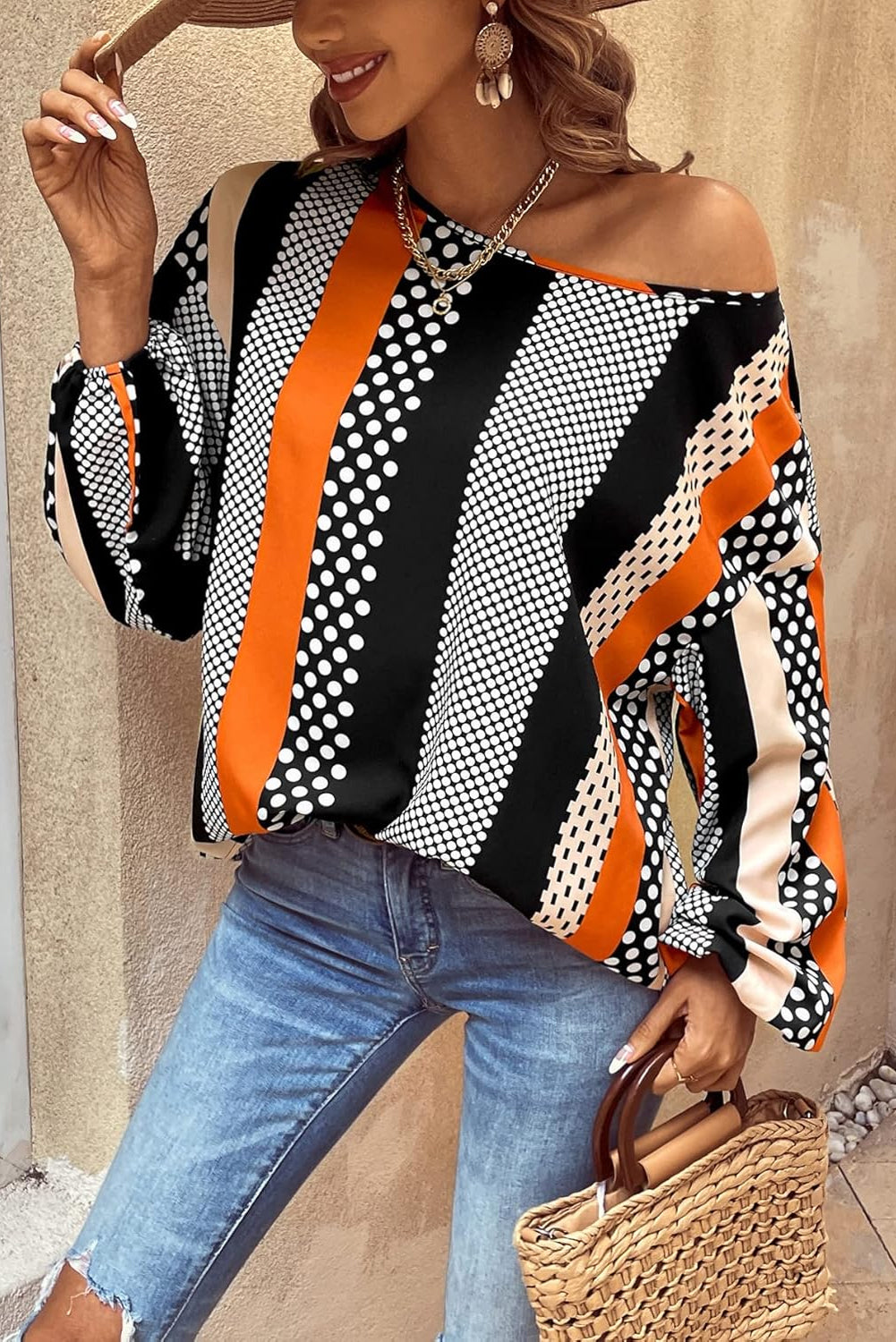 Orange Polka Dot Vertical Striped Printed Puff Sleeve Blouse-Tops/Blouses & Shirts-[Adult]-[Female]-2022 Online Blue Zone Planet