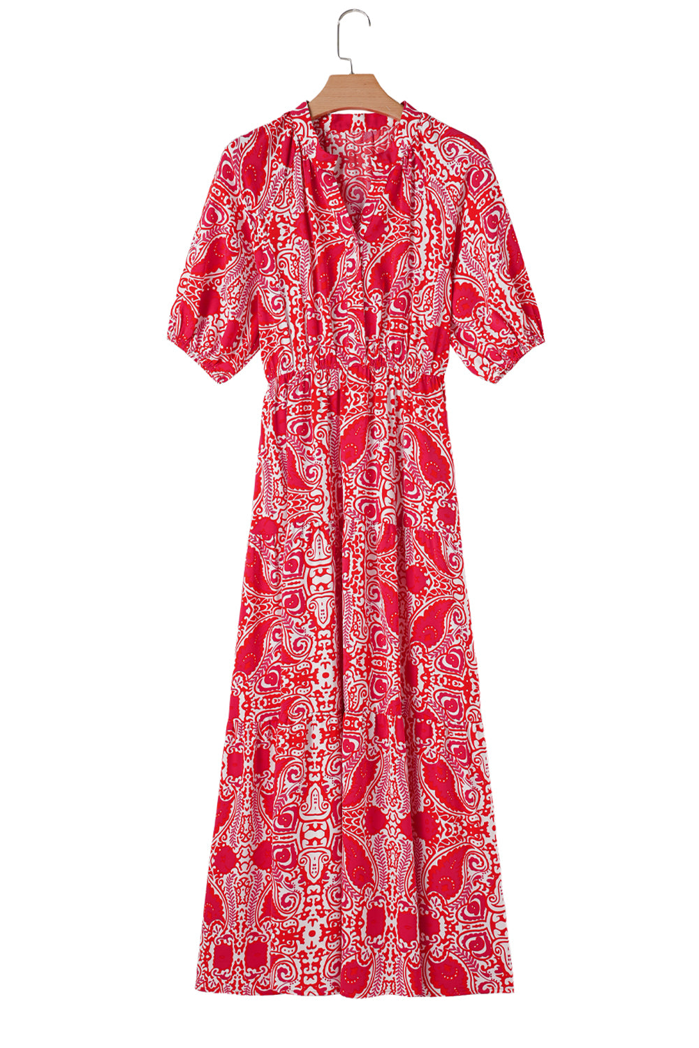 Red Paisley Print Side Slit Puff Sleeve High Waist Maxi Dress-Maxi Dresses-[Adult]-[Female]-2022 Online Blue Zone Planet