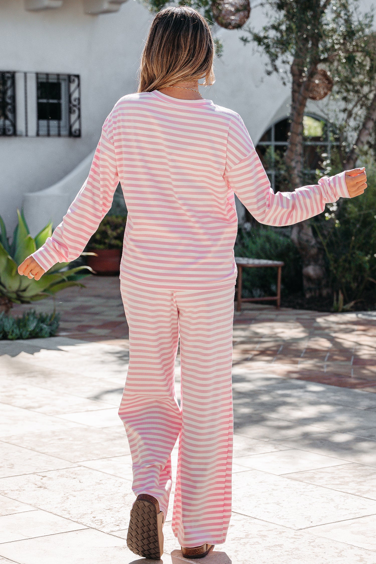 Rose Stripe Drop Shoulder Round Neck Top and Buttoned Straight Pants Two Piece Set-Two Piece Sets/Pant Sets-[Adult]-[Female]-2022 Online Blue Zone Planet