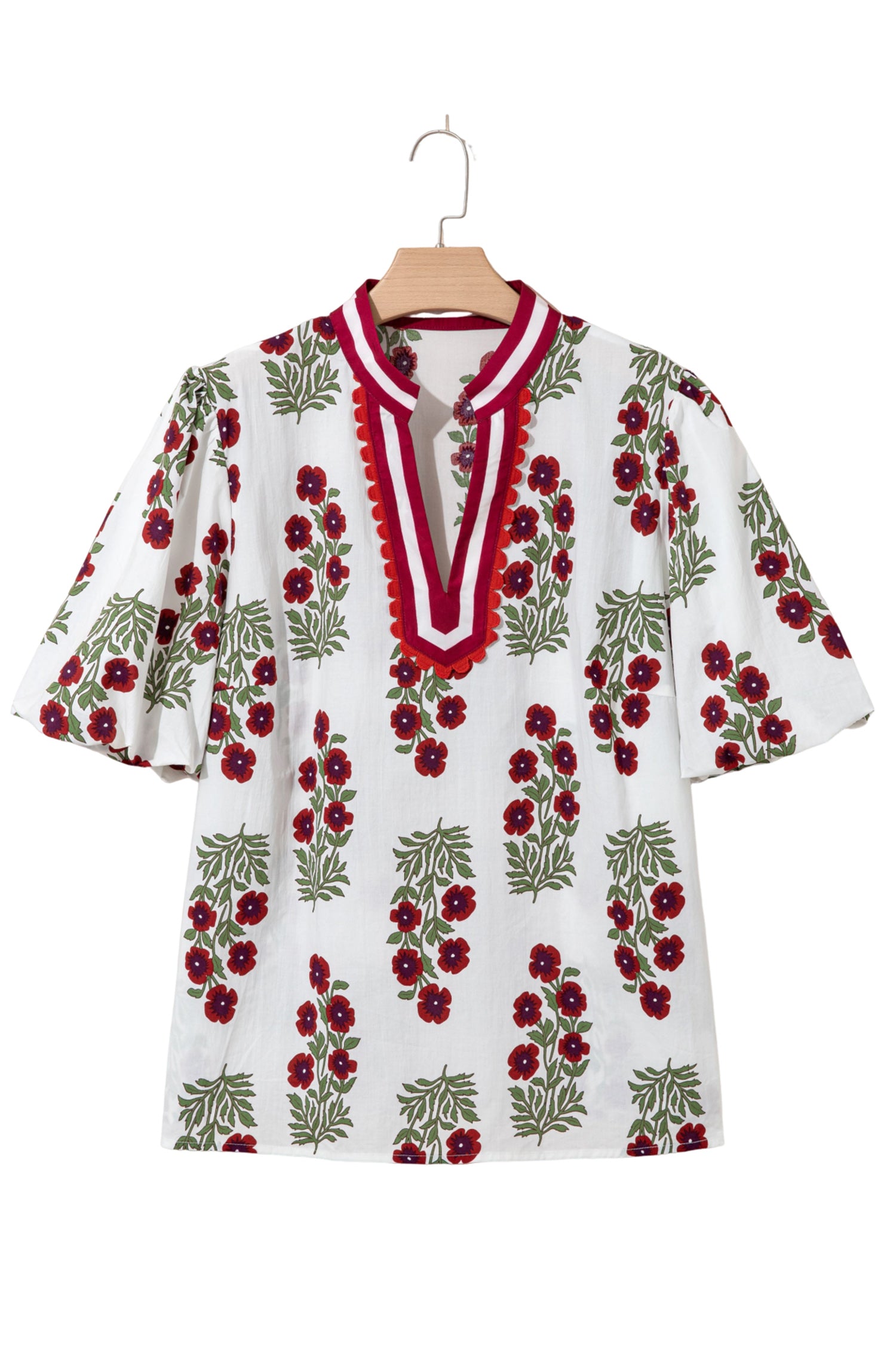 Black Plus Size Floral Print Ricrac Striped Trim Short Sleeve Cotton Blouse-Plus Size/Plus Size Tops/Plus Size Blouses & Shirts-[Adult]-[Female]-2022 Online Blue Zone Planet