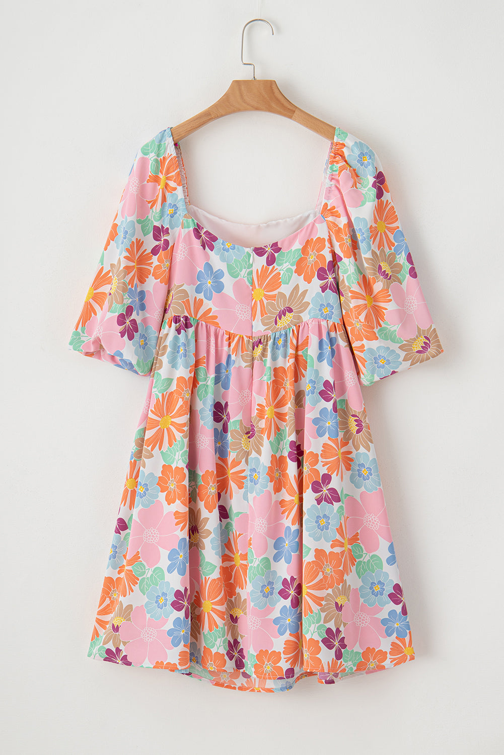 Blue Zone Planet |  Pink Summer Floral Square Neck Puff Sleeve Babydoll Dress Blue Zone Planet