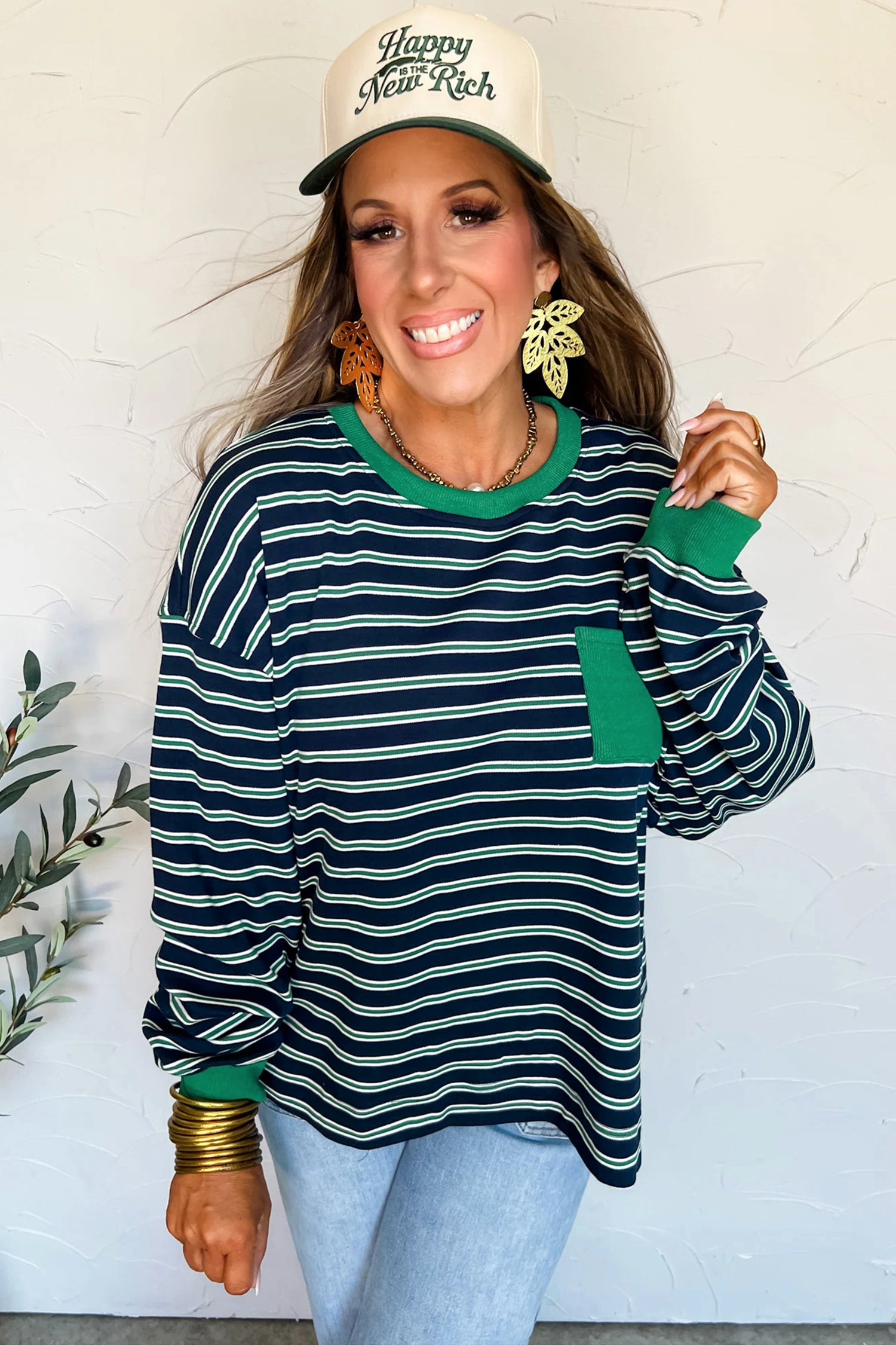 Green Stripe Ribbed Color Block Patchwork Crew Neck Patch Pocket Long Sleeve Top-Tops/Long Sleeve Tops-[Adult]-[Female]-2022 Online Blue Zone Planet