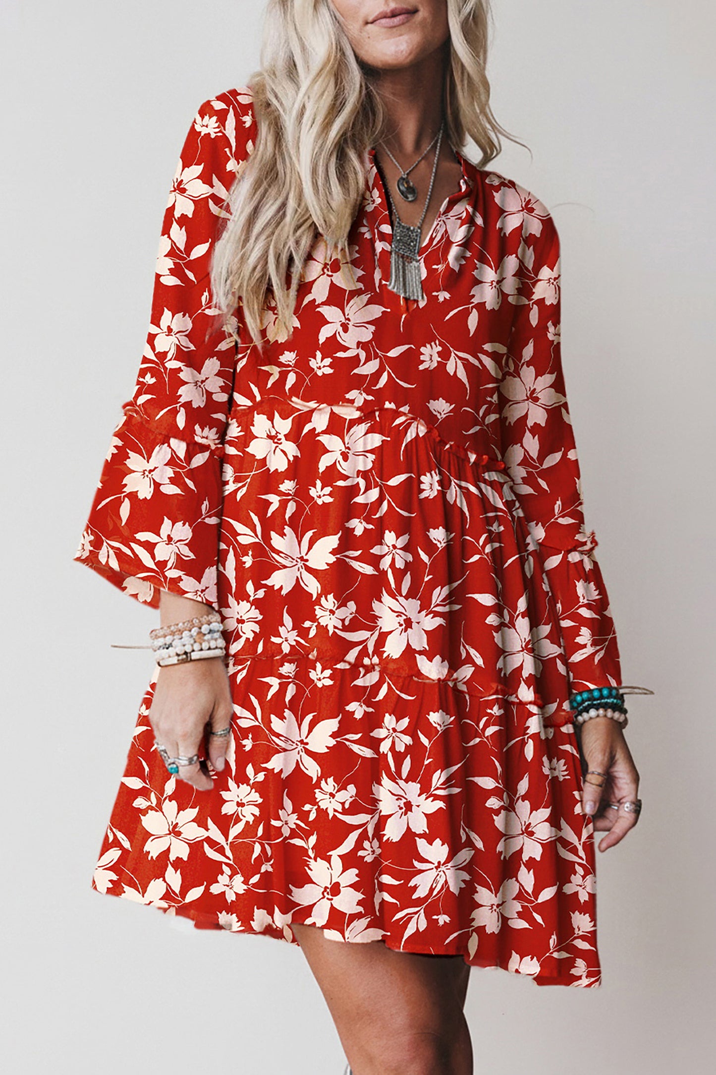 Red Boho Floral Print Lettuce Trim 3/4 Sleeve Mini Dress-TOPS / DRESSES-[Adult]-[Female]-2022 Online Blue Zone Planet