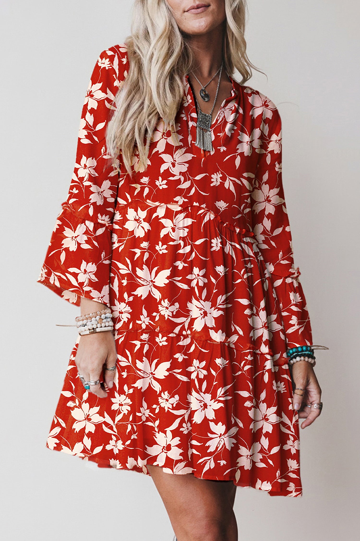 Red Boho Floral Print Lettuce Trim 3/4 Sleeve Mini Dress-TOPS / DRESSES-[Adult]-[Female]-2022 Online Blue Zone Planet