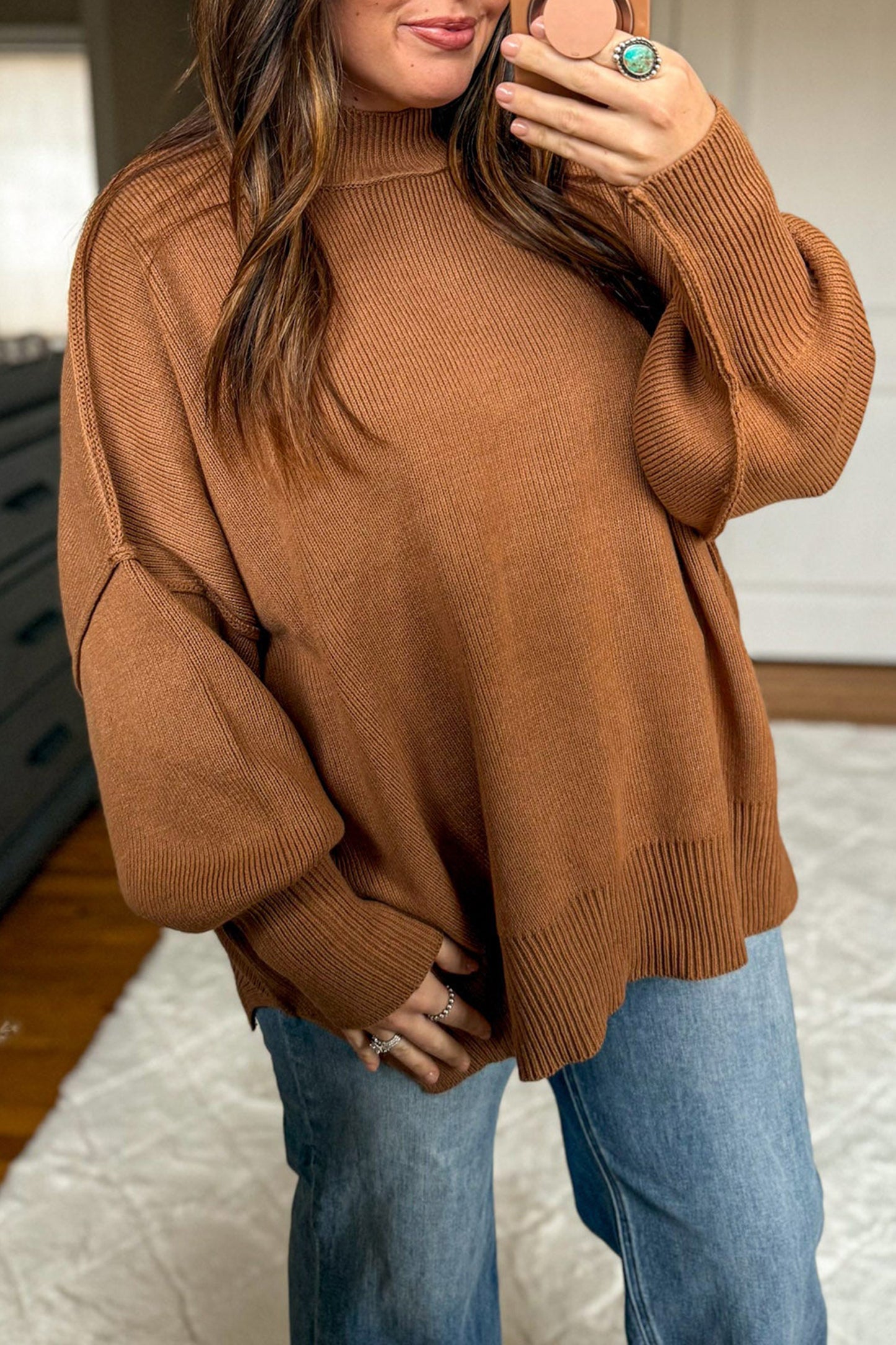 Chestnut Oversized Ribbed Knit Long Sleeve Tunic Plus Size Sweater-Plus Size/Plus Size Sweaters & Cardigans-[Adult]-[Female]-2022 Online Blue Zone Planet