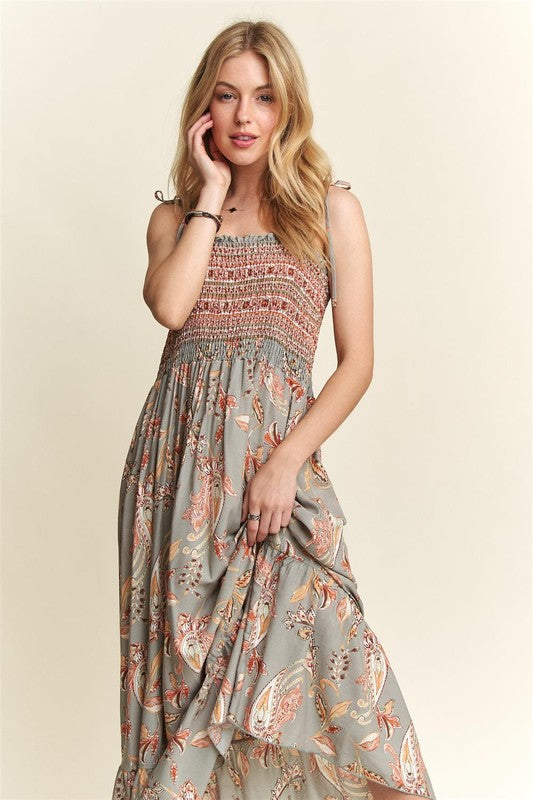 ADORA Smocked Printed Square Neck Tie Shoulder Cami Dress-TOPS / DRESSES-[Adult]-[Female]-2022 Online Blue Zone Planet