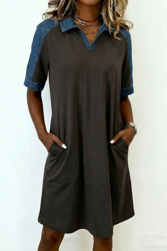 Carbon Grey Color Block Denim Patchwork Polo Collar T Shirt Shift Dress-TOPS / DRESSES-[Adult]-[Female]-Carbon Grey-S-2022 Online Blue Zone Planet