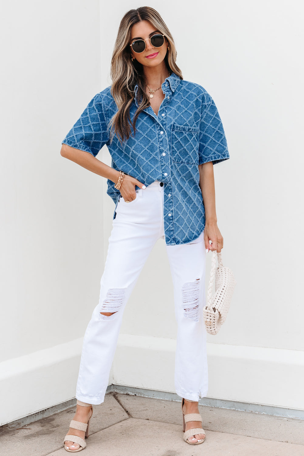 Dusk Blue Checkered Textured Short Sleeve Patched Pocket Denim Shirt-Tops/Blouses & Shirts-[Adult]-[Female]-2022 Online Blue Zone Planet