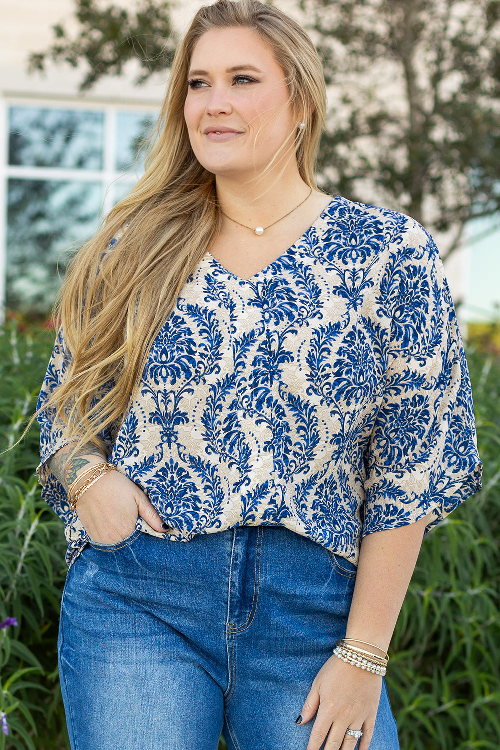 Blue Zone Planet | Blue Plus Size Ethnic Printed 3/4 Sleeve V Neck Loose Blouse-Plus Size/Plus Size Tops/Plus Size Blouses & Shirts-[Adult]-[Female]-2022 Online Blue Zone Planet