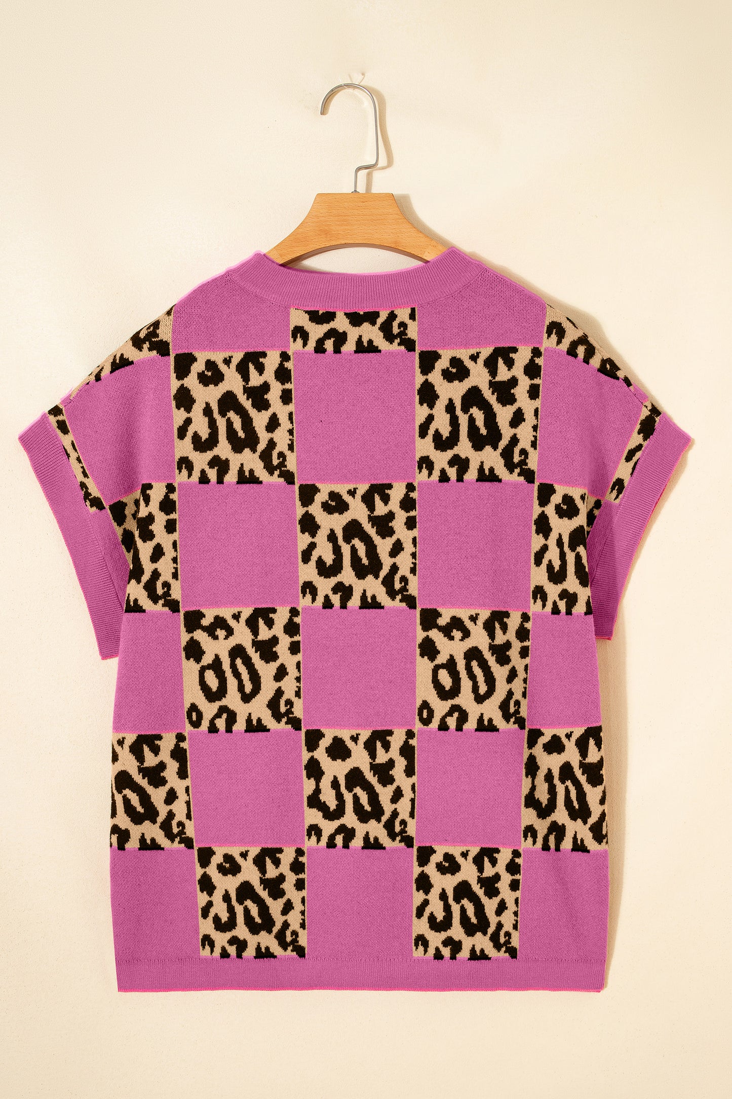 Rose Red Leopard Checkerboard Short Sleeve Knit Sweater-TOPS / DRESSES-[Adult]-[Female]-2022 Online Blue Zone Planet