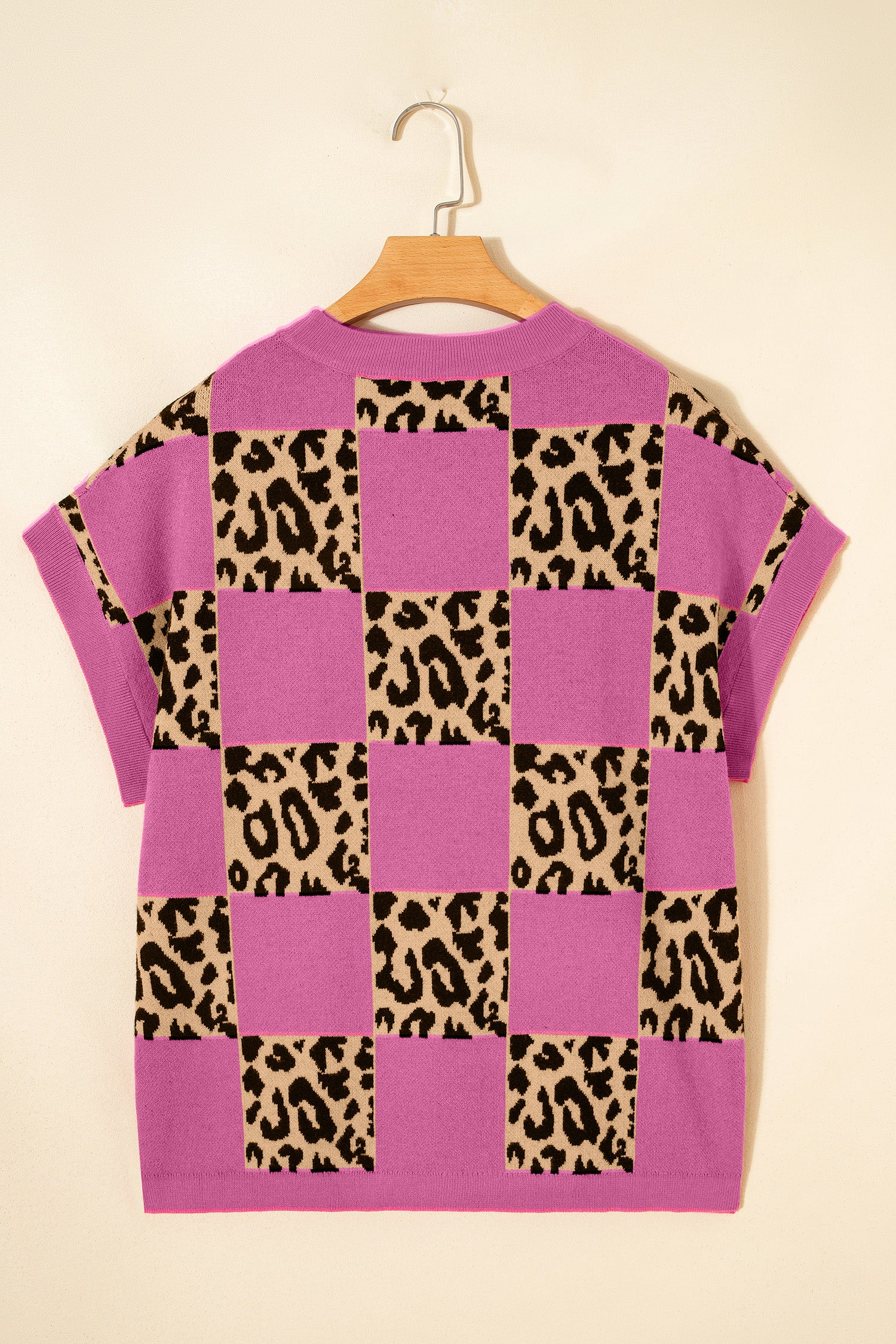 Rose Red Leopard Checkerboard Short Sleeve Knit Sweater-TOPS / DRESSES-[Adult]-[Female]-2022 Online Blue Zone Planet