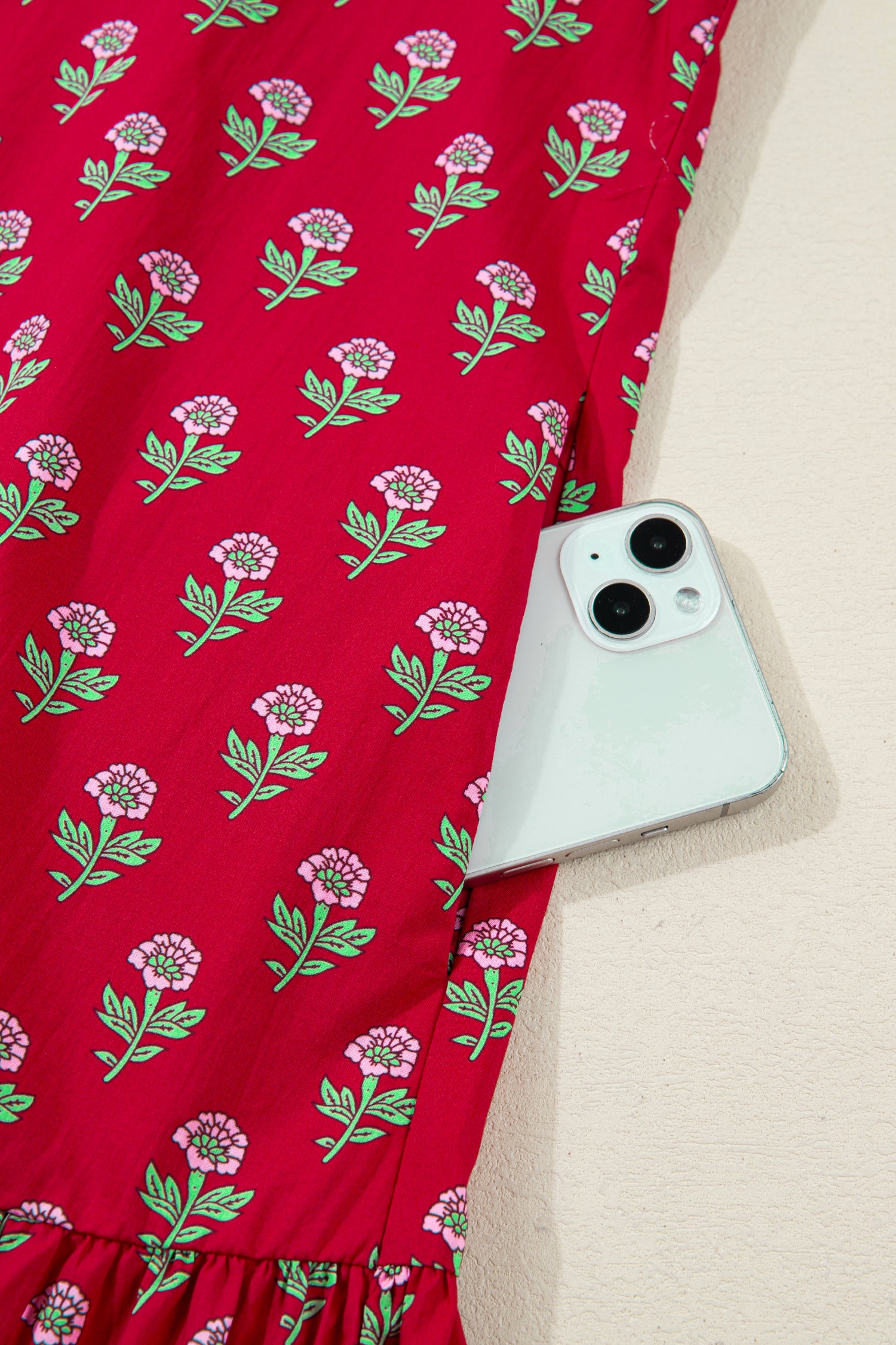 Red Floral Print Contrasted V Neck Short Bubble Sleeve Mini Dress-TOPS / DRESSES-[Adult]-[Female]-2022 Online Blue Zone Planet