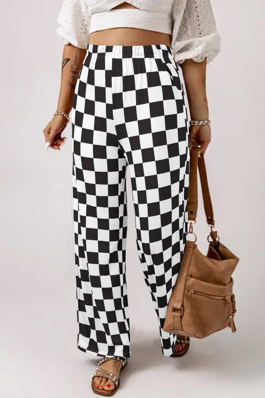 Blue Zone Planet | Black 2-Tone Checked Print High Waist Wide Leg Pants-Bottoms/Pants & Culotte-[Adult]-[Female]-Black-S-2022 Online Blue Zone Planet