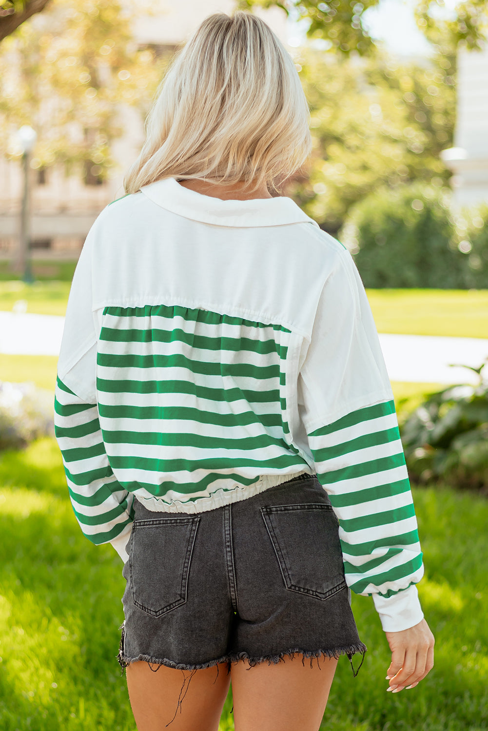 Green Stripe Colorblock Collared V Neck Cropped Knit Pullover-Tops/Long Sleeve Tops-[Adult]-[Female]-2022 Online Blue Zone Planet