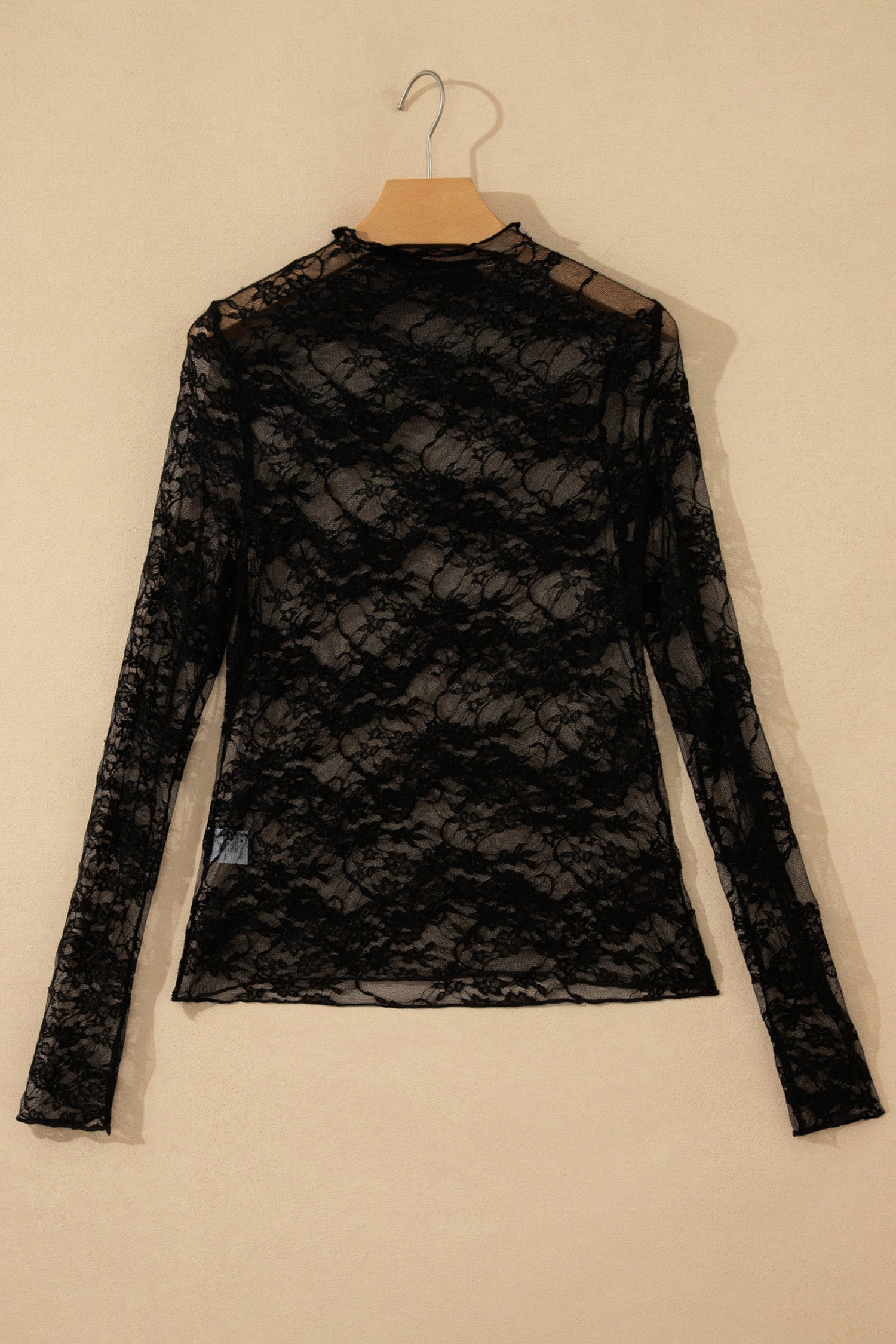 Black Sheer Floral Lace Lettuce Trim Mock Neck Long Sleeve Top-Tops/Long Sleeve Tops-[Adult]-[Female]-2022 Online Blue Zone Planet