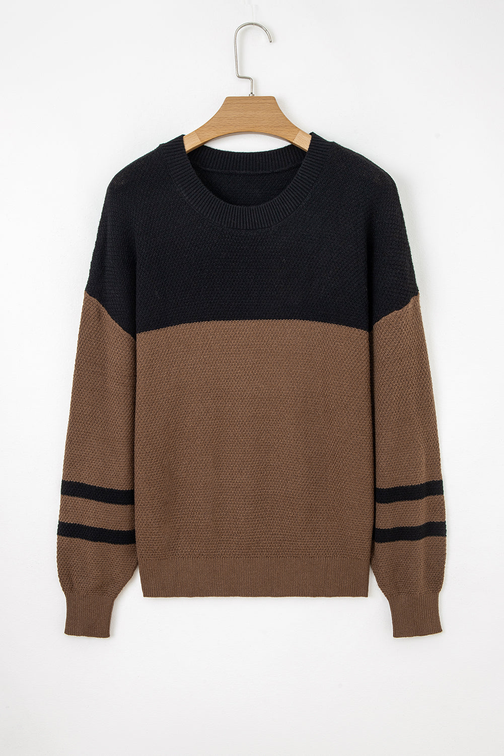 Dark Brown Color Block Knit Striped Sleeve Detail Casual Sweater-TOPS / DRESSES-[Adult]-[Female]-2022 Online Blue Zone Planet
